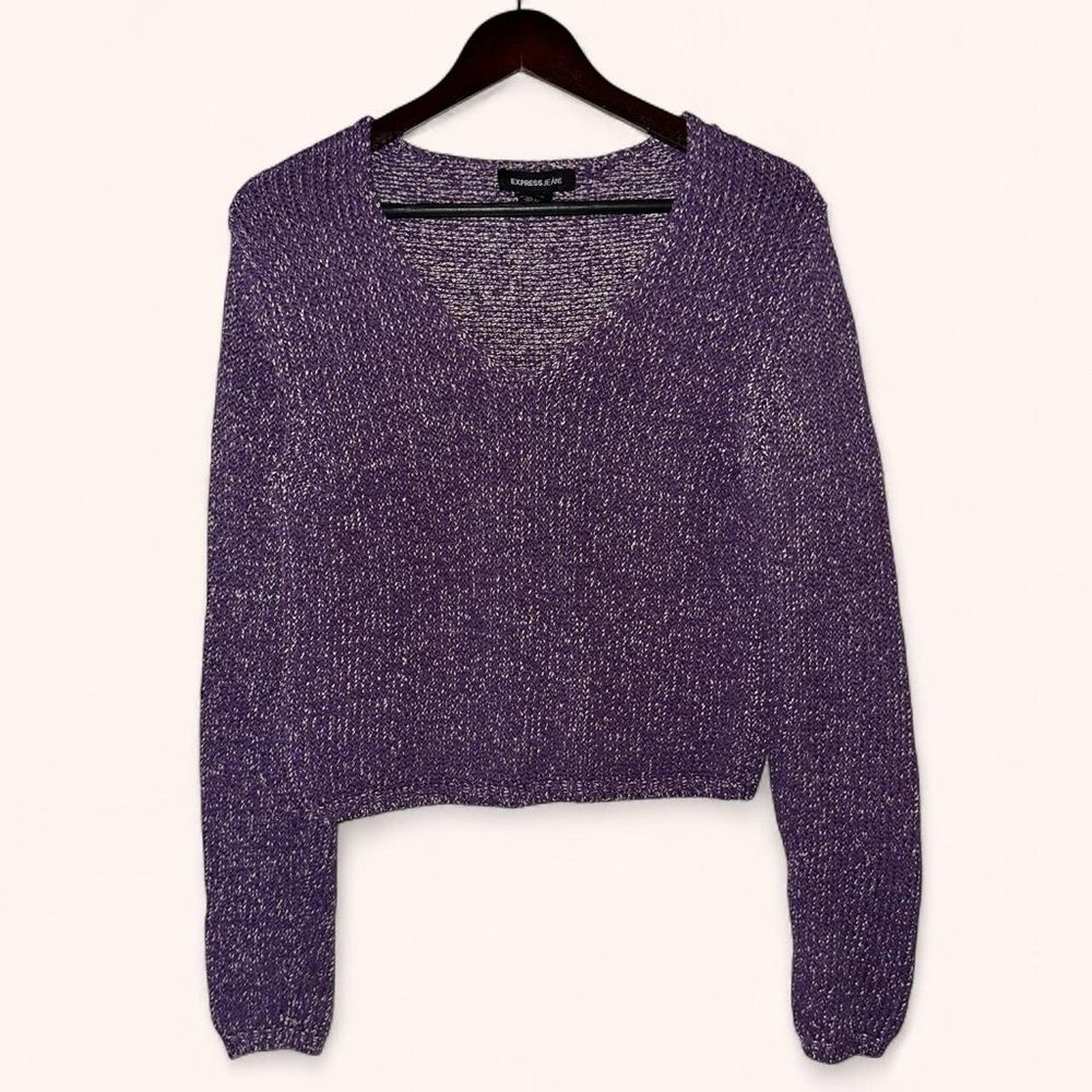 Express Purple White Heavy Knit Cropped Sweater